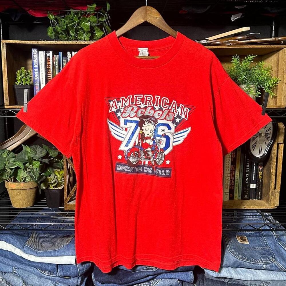 Vintage Betty Boop American Rebels Tee Mens Large Red Biker Cartoon Shirt